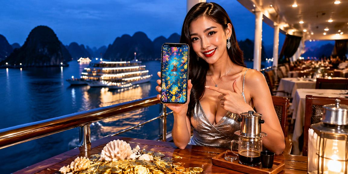 Du khách tại Vịnh Hạ Long thư giãn với cà phê và chơi mobile casino có voucher